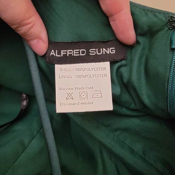 Alfred Sung Hunter Green V Neck Full Skirt Satin Maxi, D750, Size 18, $160 - Picture 6 of 7